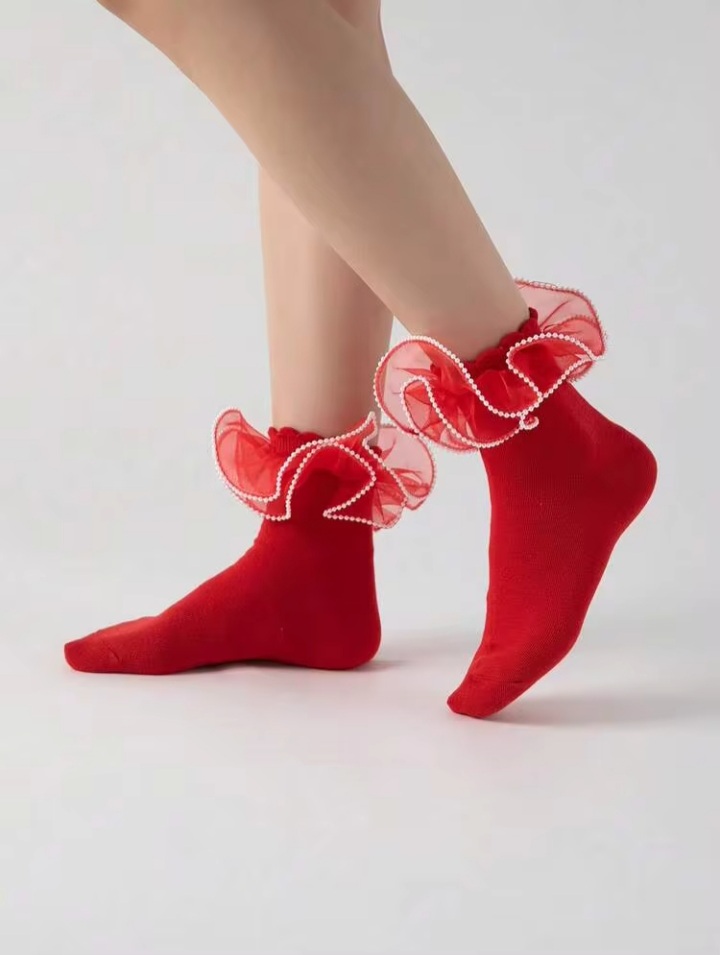 Women’s Red Ruffle Ankle Socks with Sheer Organza Bow & Pearl Trim – Elegant Decorative Frill Socks